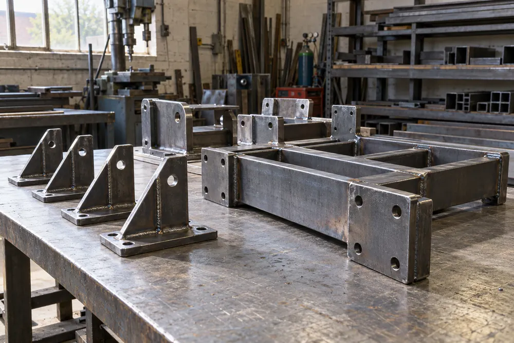 Welded steel brackets and rectangular assemblies on a workshop bench