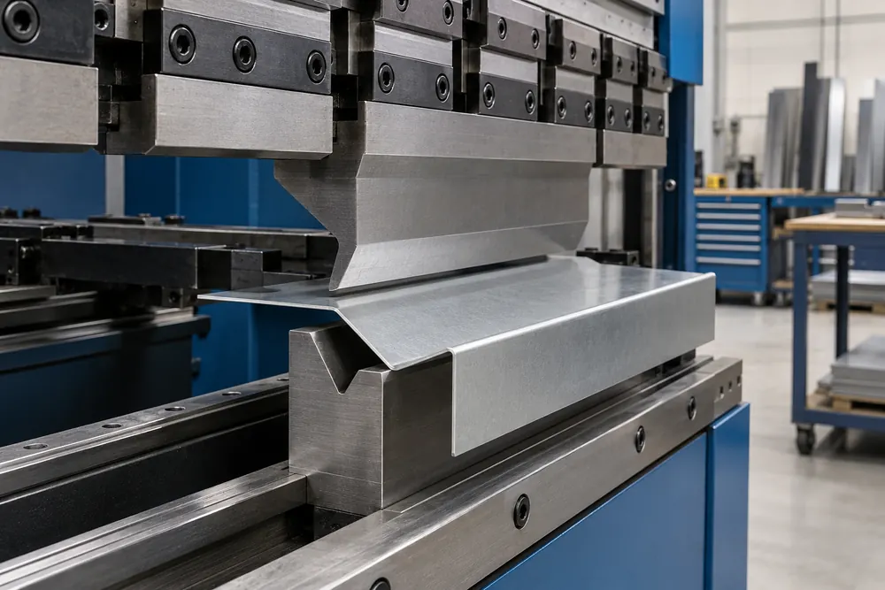 Sheet metal panel positioned at a press brake in a fabrication workshop